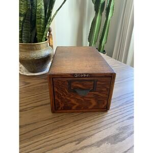 Vintage Globe Wernicke Solid Tiger Oak Index Card File Box Recipe Box Made In US